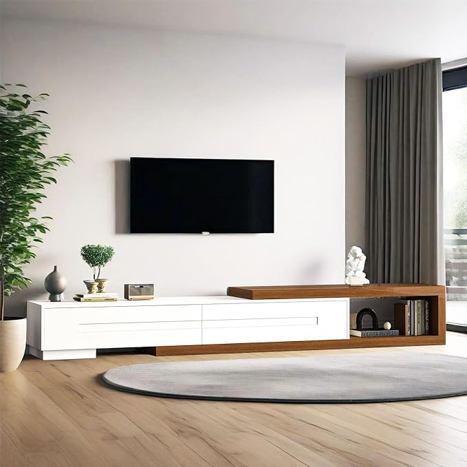 Extendable TV Stand with 2 Drawers, Long Reversible Entertainment Center with by CayugaCrekrd