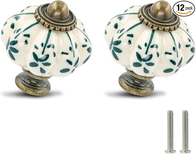 Ivory & Green Pumpkin Knobs 12 Pack Ceramic Cabinet Knobs Vintage Drawer Pulls by Zernmiarder