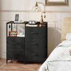 Somdot Black Nightstand with Charging Station and LED Light, Wide 5 Drawers - Image 8