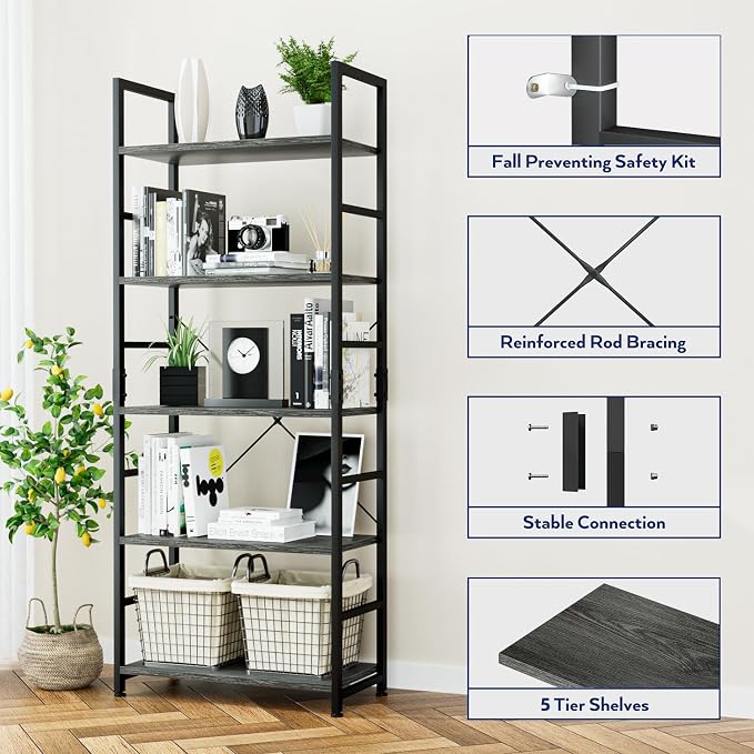 NUMENN 5 Tier Bookshelf, Tall Bookcase Shelf Storage Organizer, Modern Book - Image 5