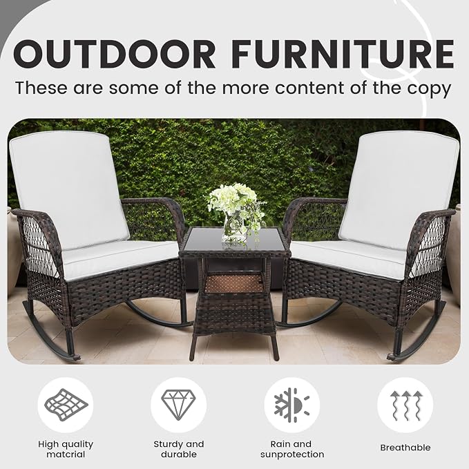 LEVELEVE 3pcs Modern PE Wicker Outdoor Rocking Chairs & Glass Table Set - Image 5