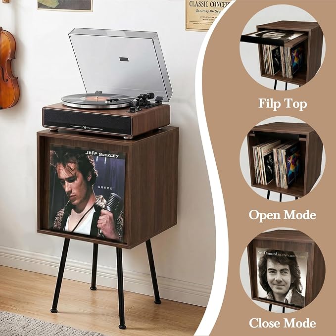 Faesun Flip Top Record Player Stand, End Table Holds up to 100 Albums, - Image 4