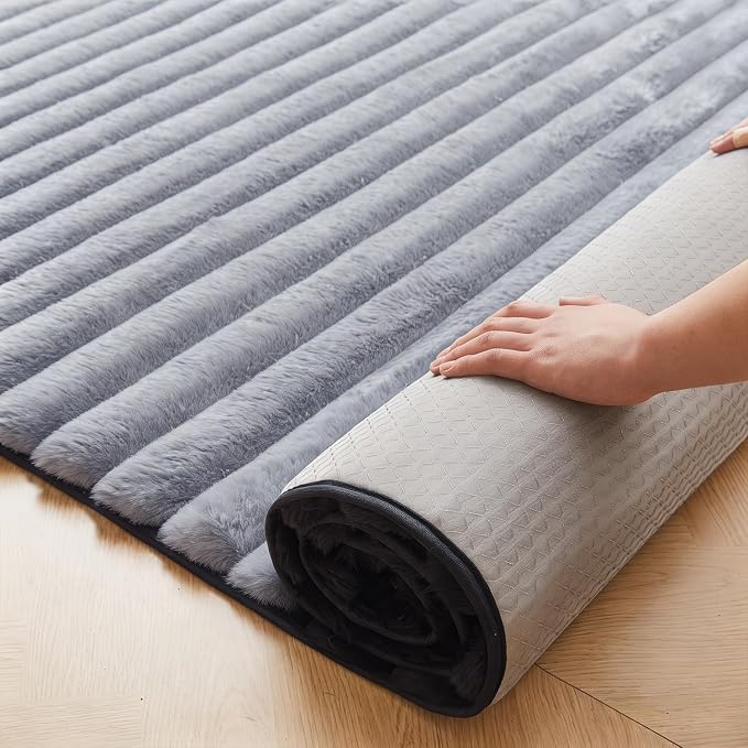 Blue Grey Rabbit Striped Plush Rug 4'x6', Fluffy Shaggy Area Rug - Image 5