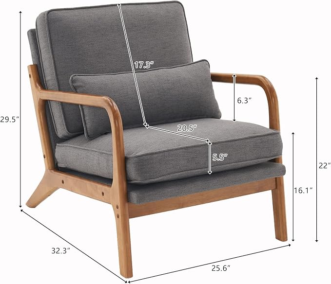 Bonnlo Linen Dark Grey Mid Century Modern Accent Chair, Soild Wood Padding - Image 2