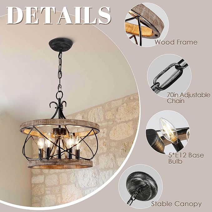 15.7" Farmhouse Chandelier, 5-Light Rustic Drum Chandelier Light Fixture Over - Image 5