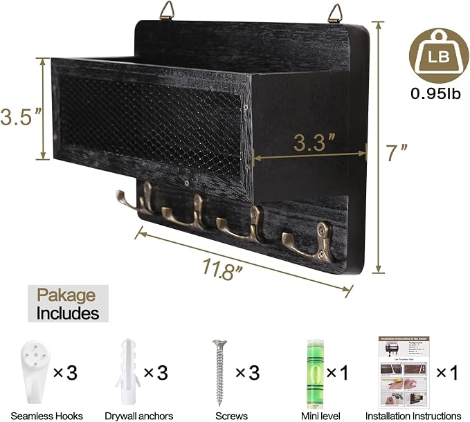 ADIIL Mail and Key Holder for Wall Decorative, Wooden Wall Mount Key Rack - Image 6