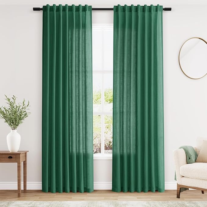 Dark Green Linen Curtains 84 Inch Length 2 Panels Set by Nanspring