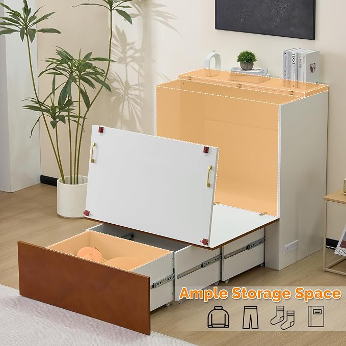 VINGLI Twin Murphy Bed with Storage Drawer, Rustic & Scandinavian Style - Image 4
