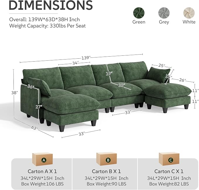 Ihanherry 139" U-Shaped Modular Sectional Couch, Oversized Cloud Sofa - Image 9