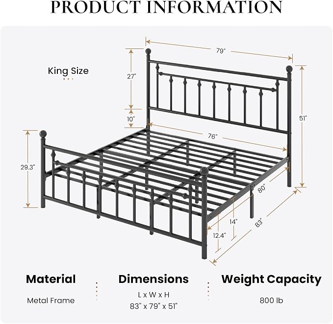 SHA CERLIN 14" King Size Metal Platform Bed Frame/Victorian Headboard and - Image 2