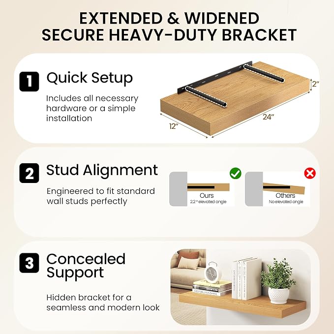 32Inch Oak Floating Shelves for Wall, 12 Inch Deep Shelves for Bedroom - Image 6