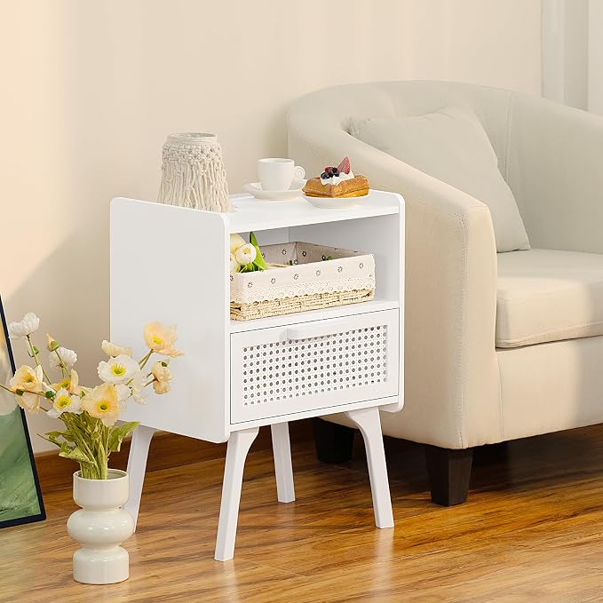 Lerliuo Rattan Nightstand with Charging Station, Side Table with Drawer Open - Image 8