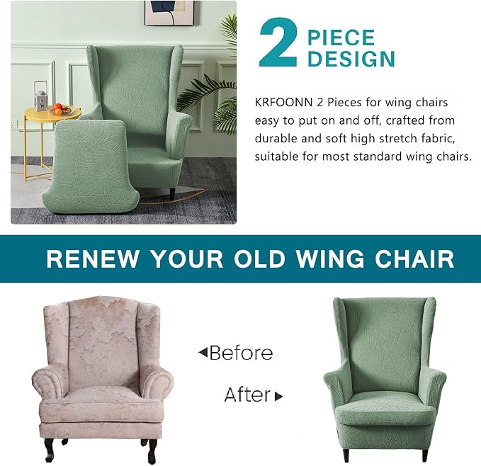 KRFOONN Stretch Wing Chair Slipcovers Jacquard 2 Piece Wingback Chair Covers - Image 4