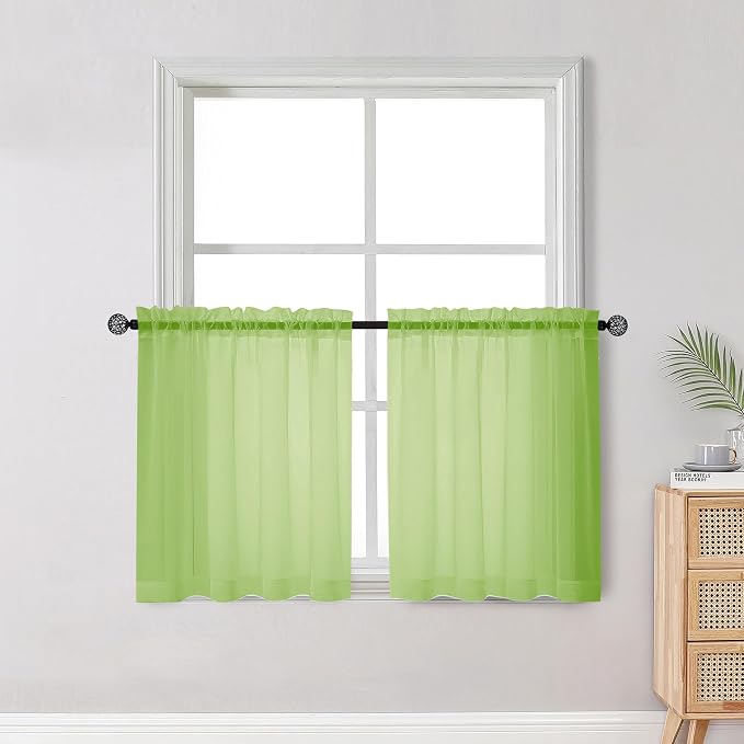 Short Lime Sheer Curtains 30 Inch Length 2 Panels Set, Kitchen Curtains Tiers by OWENIE