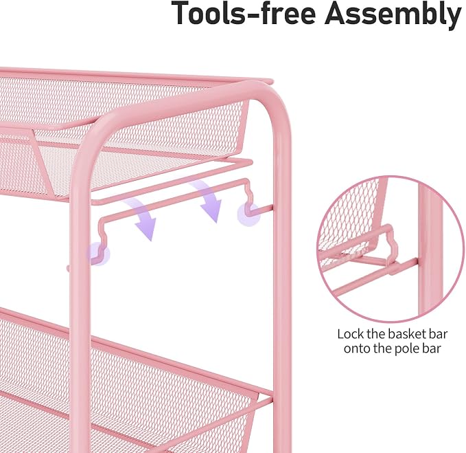 TOOLF 3 Tier Rolling Cart Pink - Image 3