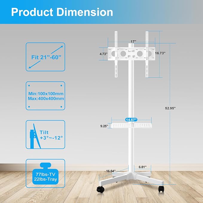 Mobile TV Carts on Wheels for 21-60 Inch Flat/Curved Panel Screens TVs - Image 2