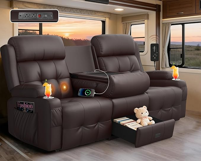 RV Loveseat Recliner Sofa, Built-in Power Strip, Massage Wall Hugger 3-Seater by TiooiiReclinerSofa