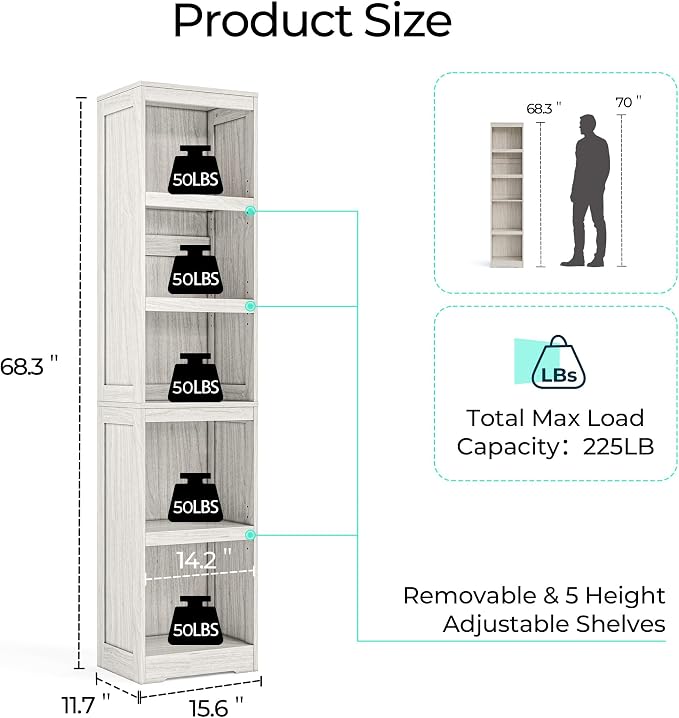 LINSY HOME 5-Shelf Bookcase, Narrow Bookshelves Floor Standing Display Storage - Image 3