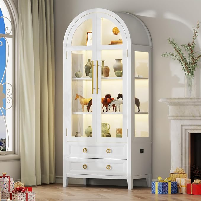 Vlsrka 71 Inch Arched Curio Cabinet, 4-Tier Display Cabinet and 2 Drawers - Image 3
