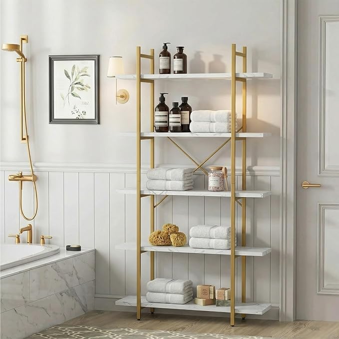 5 Tiers Bookshelf Organizer White Faux Marble Shelf, Modern Open Display - Image 5