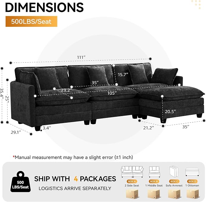 111'' Sectional Cloud Deep Seat Couch, Modern Comfy Chenille L Shaped Sectional - Image 2