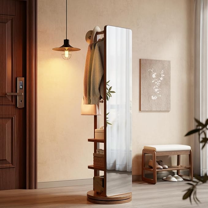 WoodsWhisper Full Length Mirror Coat Rack Solid Wood Floor Mirror 70"x16" Full - Image 4