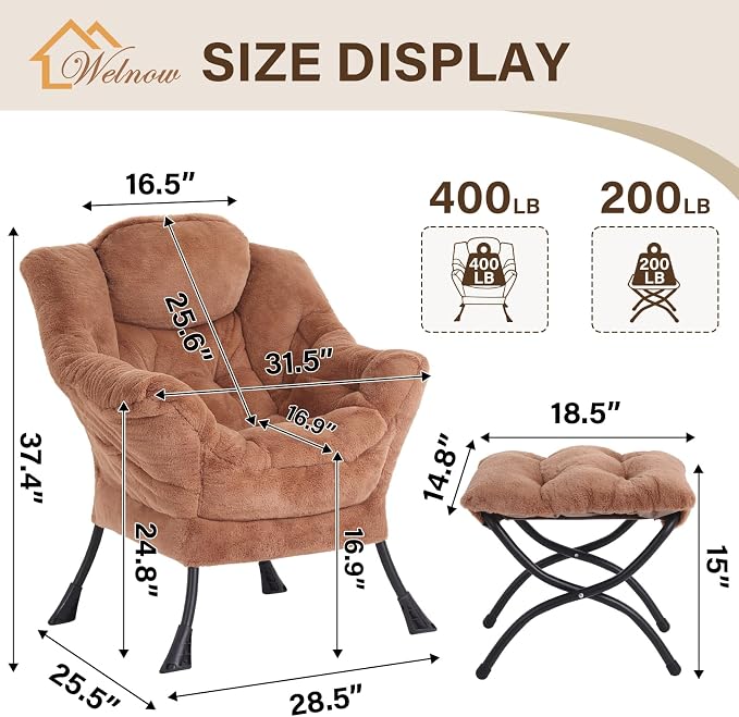 Welnow Lazy Chair with Ottoman, Modern Accent Chair with Armrests and a Side - Image 3
