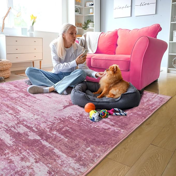 Area Rug 4x6 Pink Rug Washable Boho Rugs Non Slip Low Pile Abstract Small Carpet - Image 3