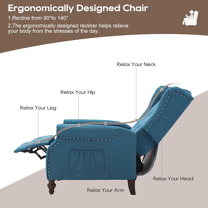 Wingback Recliner with Massage and Heat, Tufted Fabric Push Back Recliner Chair - Image 7