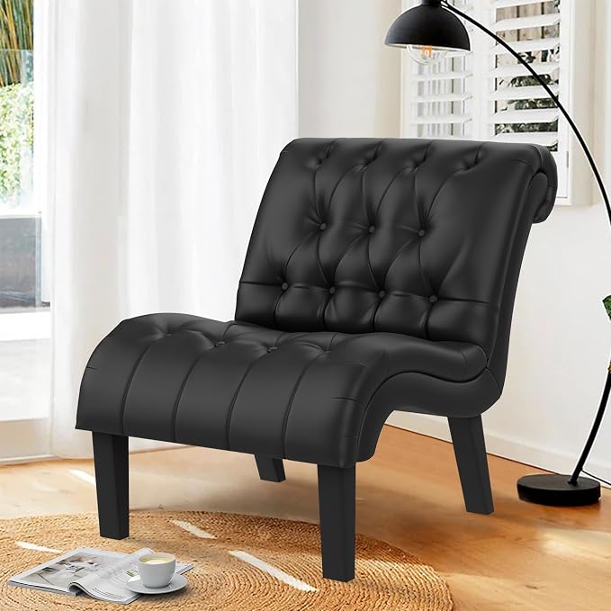 Black Faux Leather Accent Chair Modern Button Tufted Upholstered Armless Chair - Image 3