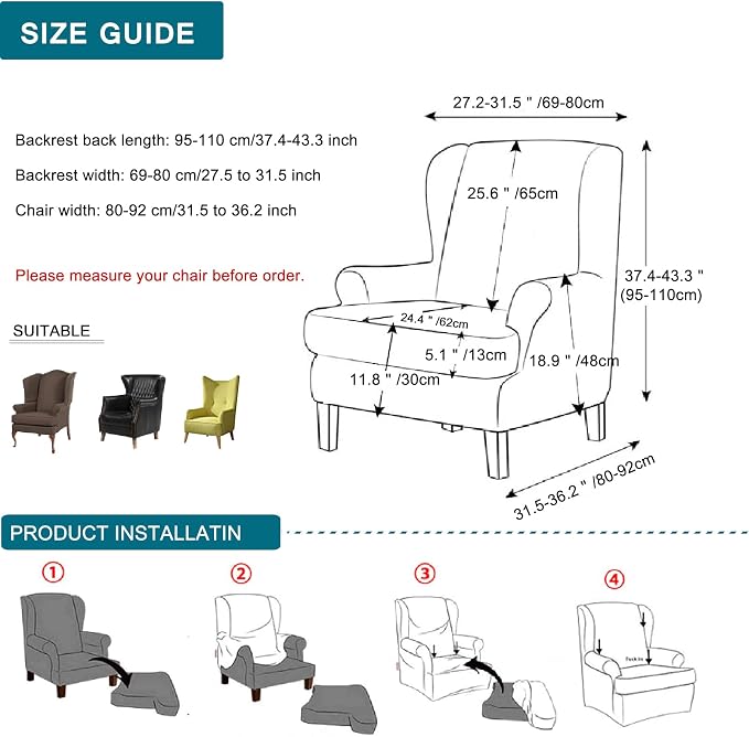 KRFOONN Wing Chair Slipcovers 2 Piece Stretch Leather Look Wingback Chair - Image 7