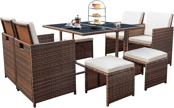 Devoko 9 Pieces Patio Dining Sets Outdoor Space Saving Rattan Chairs by DEVOKO