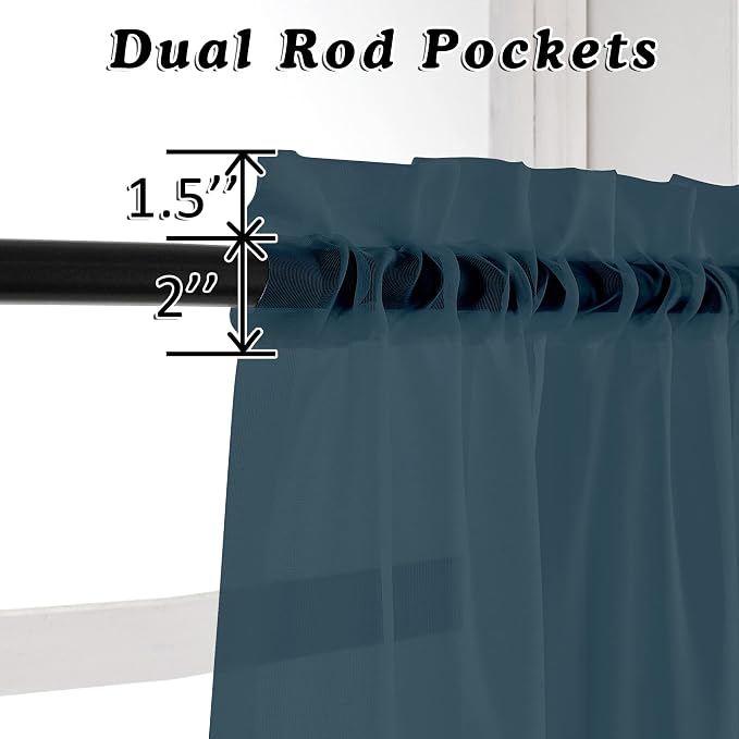 Dusty Blue Sheer Curtains 63 inch Length 2 Panels Set - Image 3