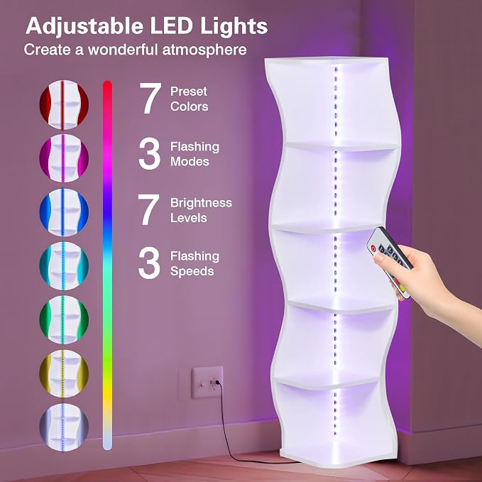 VECELO Wavy Corner Shelf with LED Light, Decorative 6-Tier Corner Display - Image 4