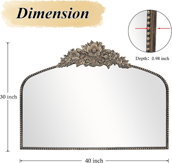 Arch Antique Black Mirror, 40x30inch Baroque Style Vintage Mirror, Metal Frame - Image 2