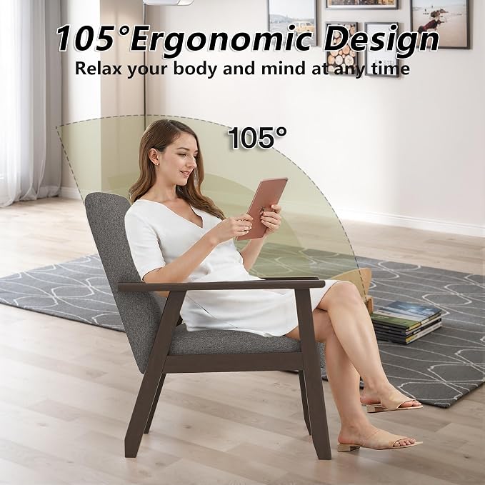 Modern Accent Chair with Wooden Table, Upholstered Linen Fabric Leisure Side - Image 4