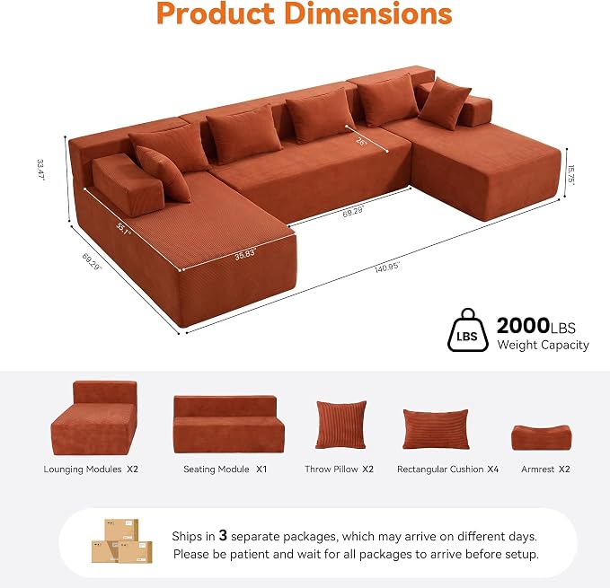 MONVANE 141" U Shaped Cloud Sectional Couch - Image 3