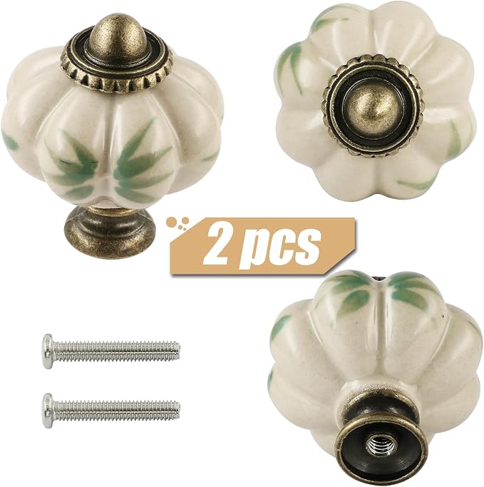 Ivory Pumpkin Knobs 2 Pack Ceramic Cabinet Knobs Vintage Drawer Pulls - Image 2