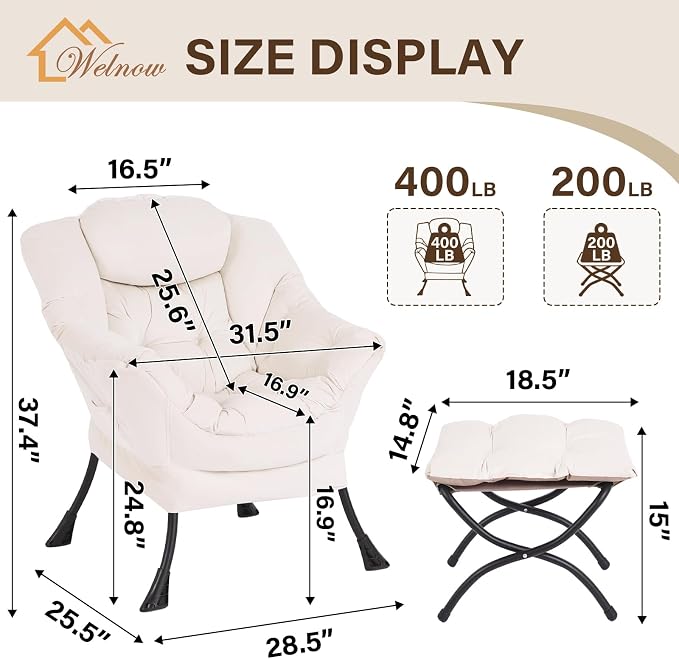 Welnow Lazy Chair with Ottoman, Modern Accent Chair with Armrests and a Side - Image 3