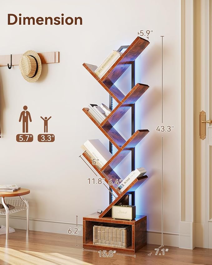 Casaottima Tree Bookshelf with LED Lights, 6-Tier Narrow Bookcase - Image 3