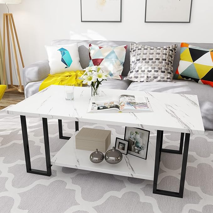 AWQM Marble Coffee Table, Faux Marble Top Rectangular Coffee Table - Image 5