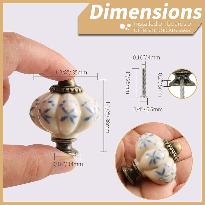 Ivory & Blue Pumpkin Knobs 6 Pack Ceramic Cabinet Knobs Vintage Drawer Pulls - Image 4