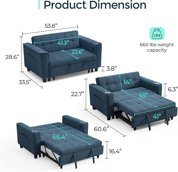LINSY Sleeper Sofa Bed, Small 3 in 1 Convertible Loveseat Sleeper Couch - Image 2