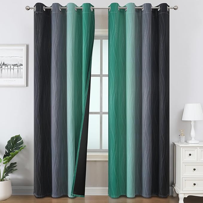 Black and Green Ombre Blackout Curtains 84 Inches Long | Gradient Curtains by ESTELARTEXTILER
