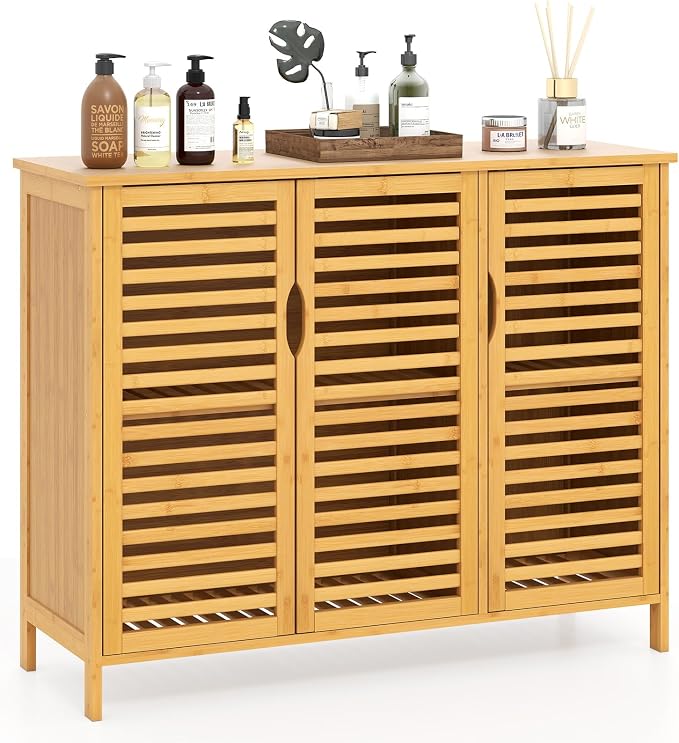 Giantex Bamboo Bathroom Storage Cabinet, 3-Door Storage Organizer by Giantex