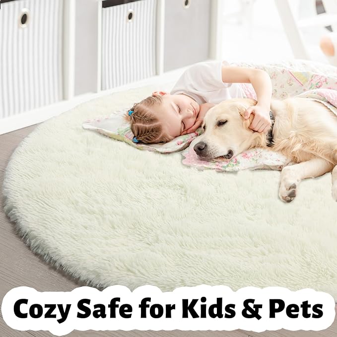 Amdrebio Cream Ivory White Round Fuzzy Rug 4Ft - Image 4