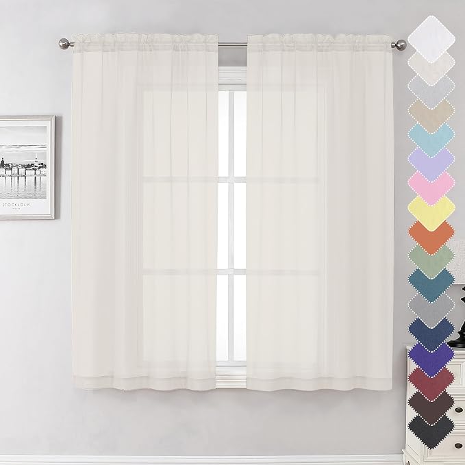 Ivory Sheer Curtains 63 Inch Long 2 Panels, Elegant Voile Drapes by Lecloud