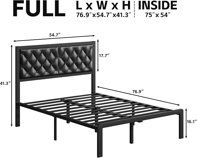 Fluest Full Bed Frame with Headboard PU Leather Upholstered Bed Frame Platform - Image 2