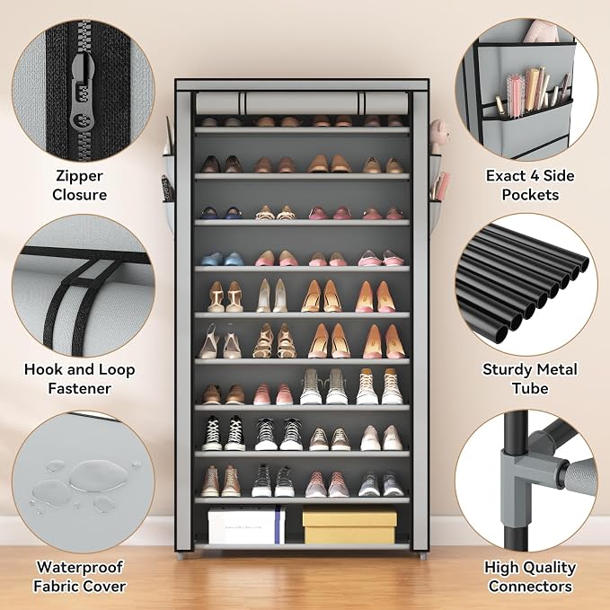 ROJASOP Shoe Rack with Covers, Stackable 10 Tier Tall Shoe Shelf Storage 50-55 - Image 4