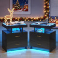 LED Nightstand Set 2 with Wireless Charging Station, Glass Top Smart Bedside by MDGC